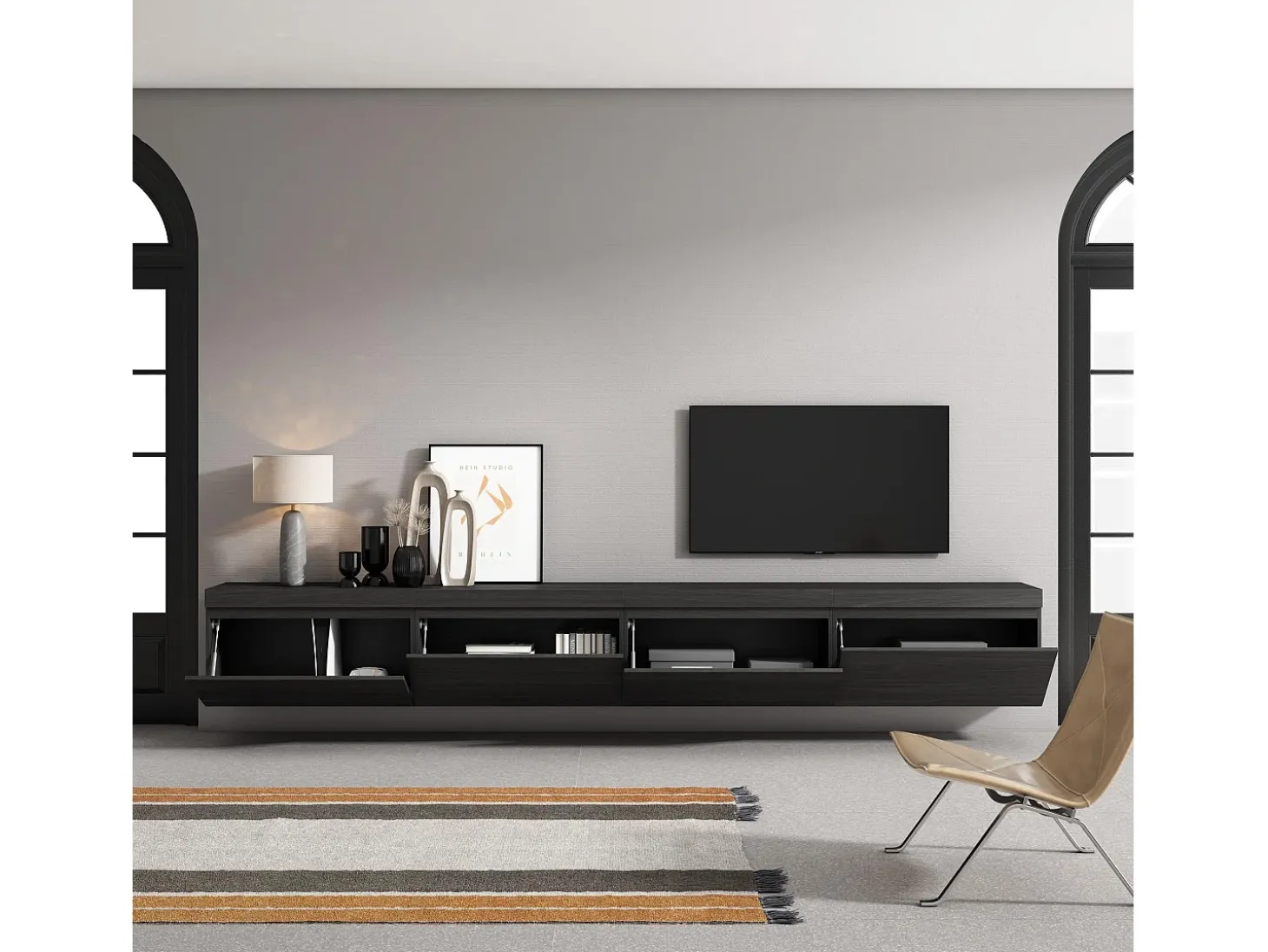 Móvel de TV, 320x35x45cm, TV de grande formato, Suspensos, Preto