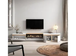 Móvel de TV, 288x35x45cm, TV de grande formato, Lareira eléctrica, Branco e Carvalho soft