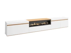 Móvel de TV, 288x35x45cm, TV de grande formato, Lareira eléctrica, Branco e Carvalho soft
