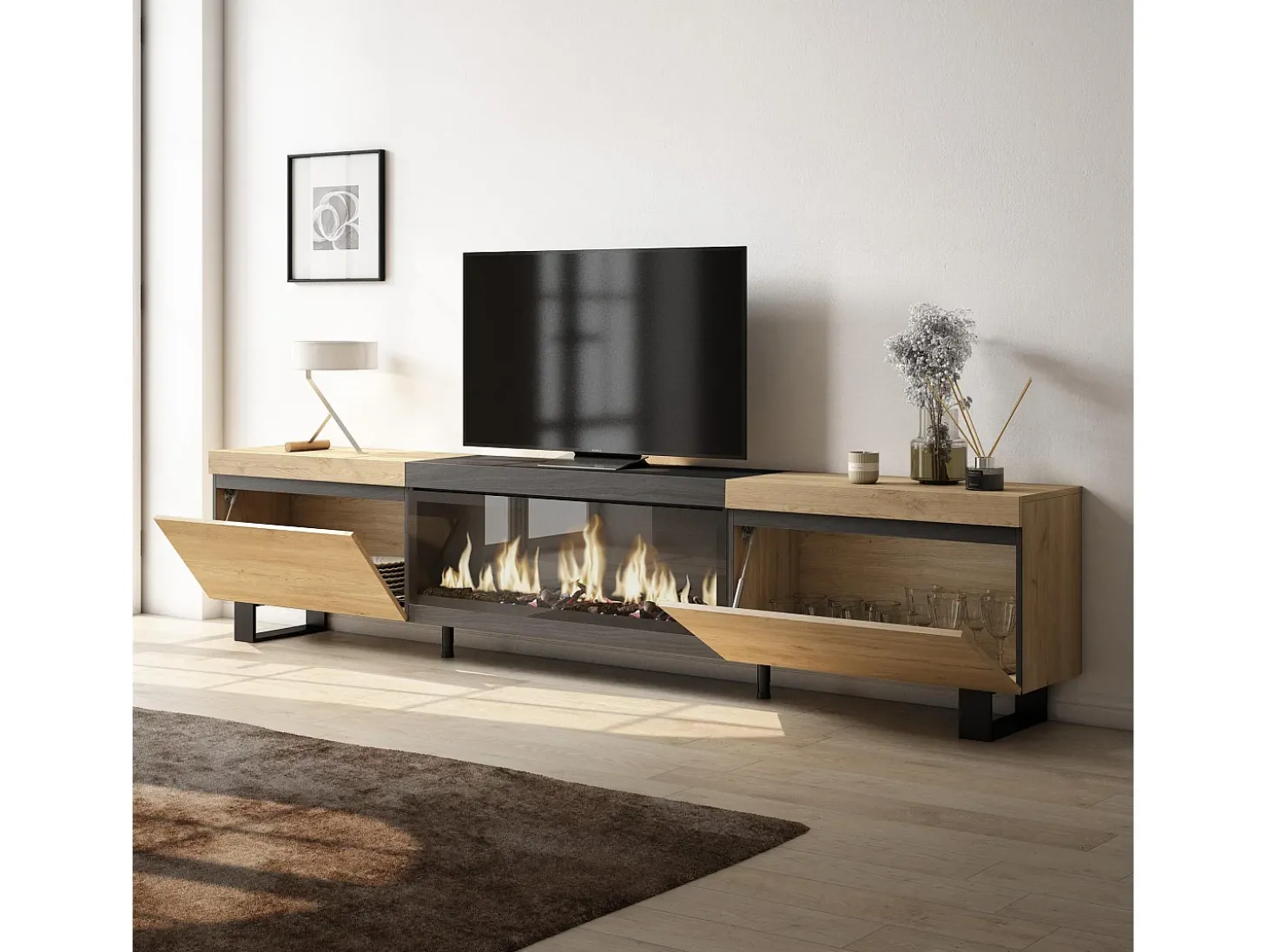 Móvel de TV, 267x35x57cm, TV de grande formato, Lareira eléctrica XXL, Design industrial, Carvahlo e preto