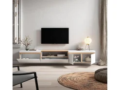 Móvel de TV, 288x35x45cm, TV de grande formato, Suspensos, Branco e Carvalho soft