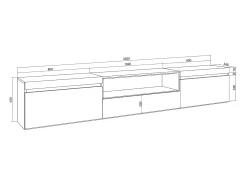 Móvel de TV, 260x35x45cm, TV de grande formato, Suspensos, Branco e Carvalho soft
