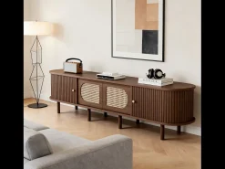 Móvel oval para TV - 180 x 40 x 40 cm - design em rattan - com 2 portas de correr + 2 portas - MDF - castanho