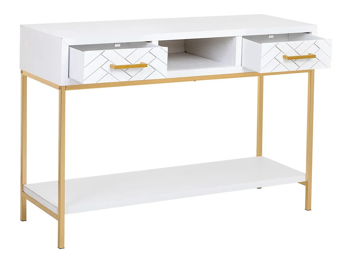 Móvel para corredor com duas gavetas em madeira e metal branco e dourado.