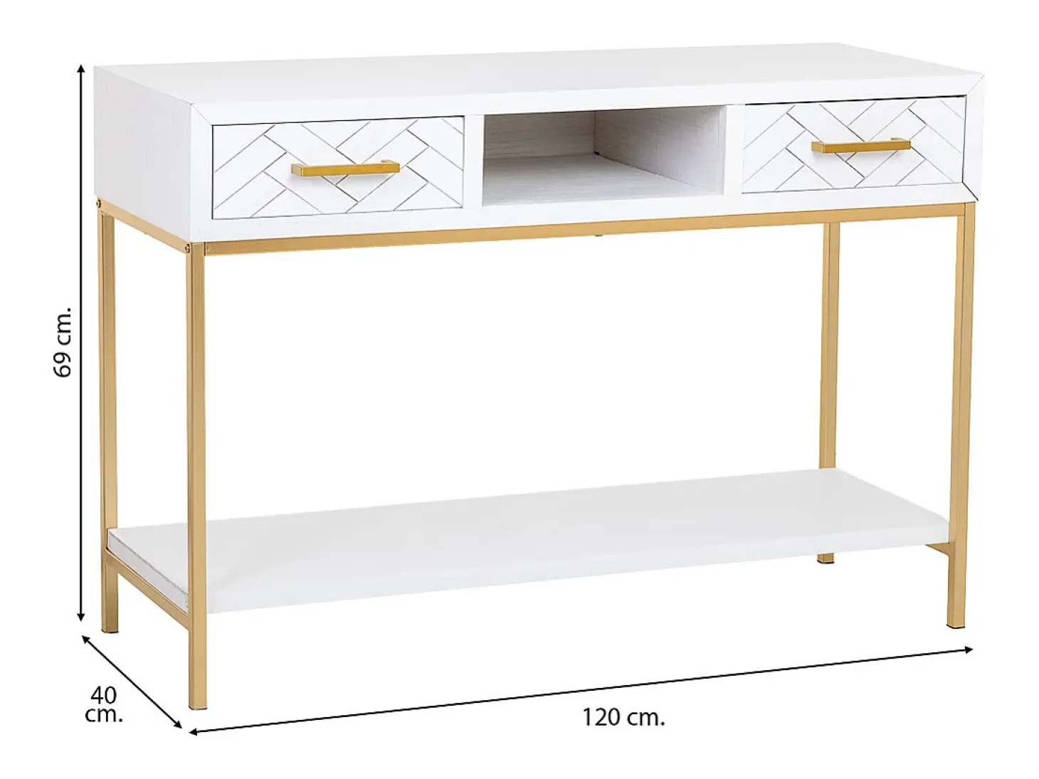 Móvel para corredor com duas gavetas em madeira e metal branco e dourado.