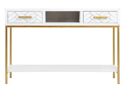 Móvel para corredor com duas gavetas em madeira e metal branco e dourado.
