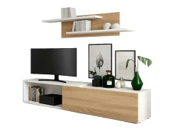Móvel para sala de estar Kipi com suporte para TV, extensível, 2 prateleiras, branco, madeira clara, 65x220x32 cm