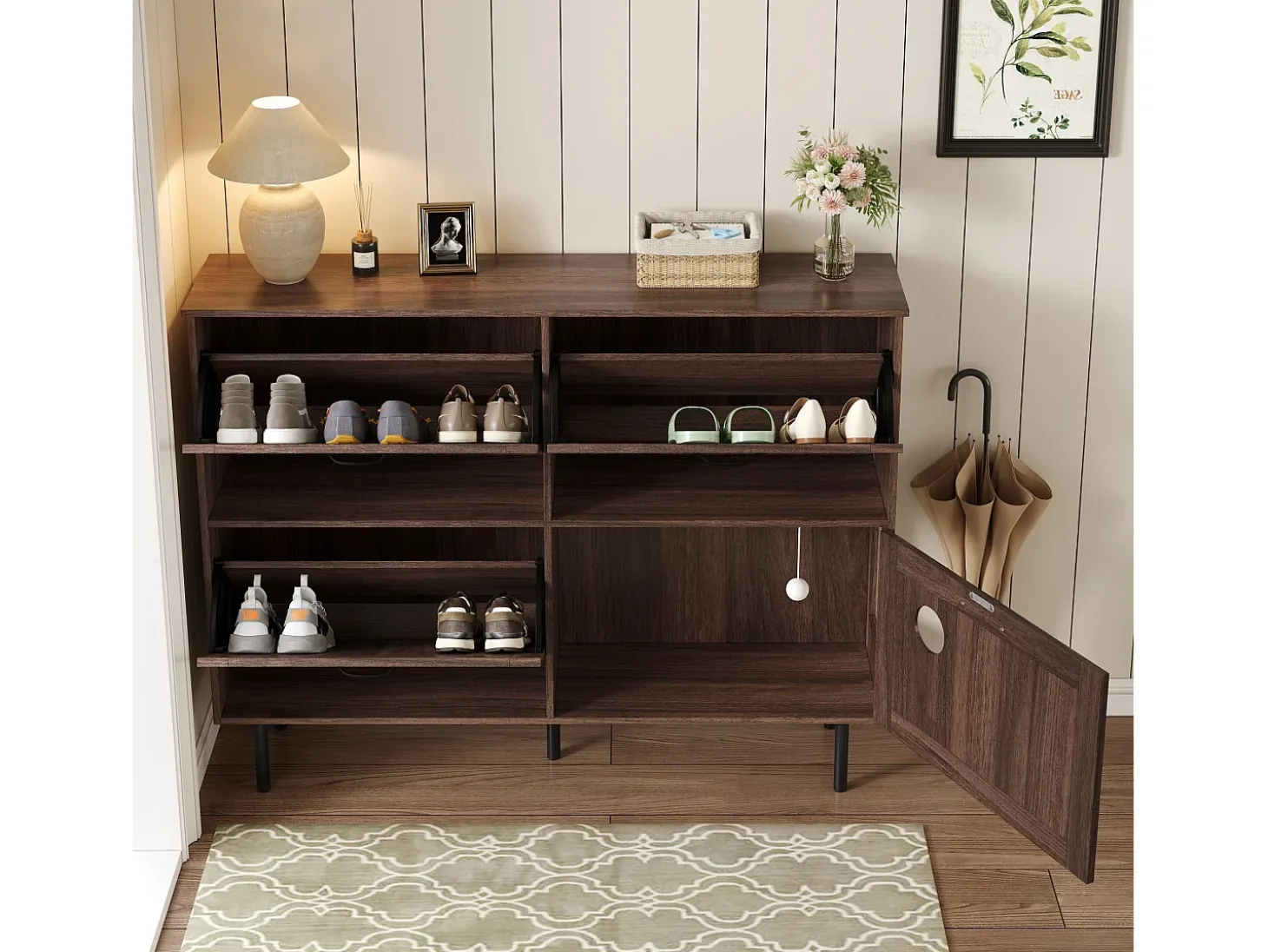Móvel para sapatos 120×28×92 cm - 4 portas (3 basculantes) - com bola de brinquedo - marrom