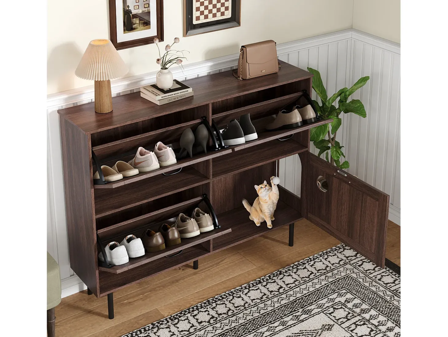 Móvel para sapatos 120×28×92 cm - 4 portas (3 basculantes) - com bola de brinquedo - marrom
