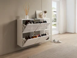 Móvel para sapatos com 4 compartimentos rebatíveis e 2 nichos - Branco e dourado - MARZIALO