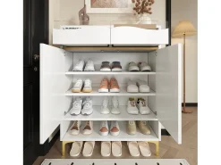 Móvel para sapatos moderno 80x35x105cm - com LED - 2 gavetas e 2 portas - branco
