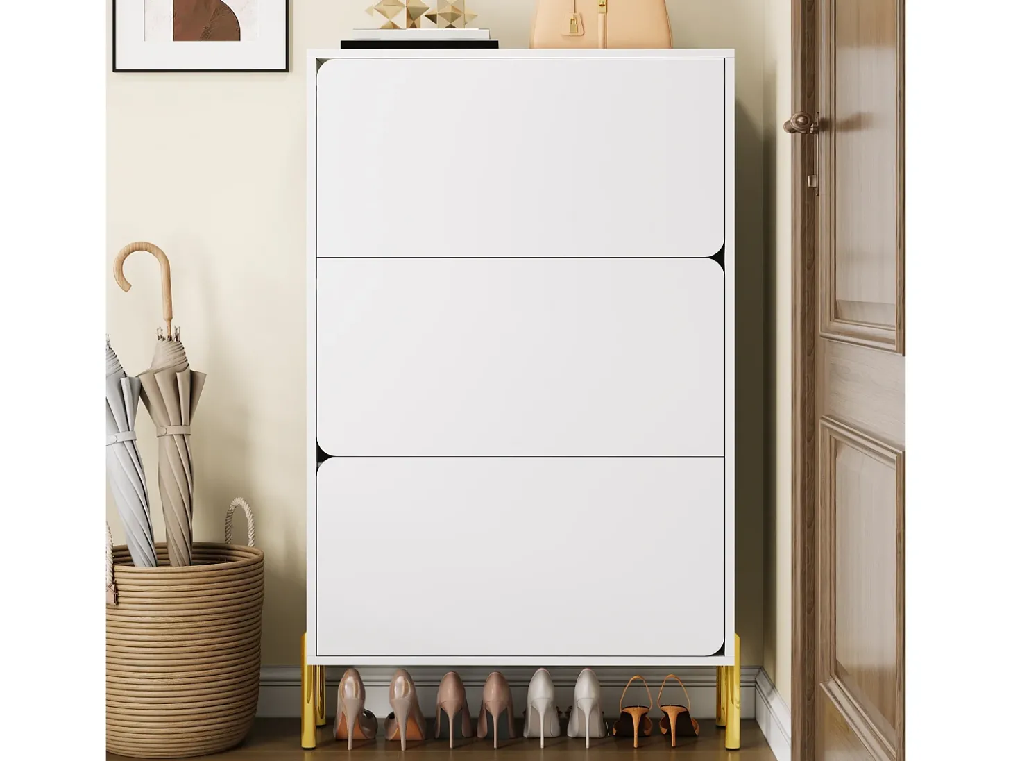 Móvel para sapatos moderno 73x24x120 cm - 3 portas - Prateleira de sapatos de 6 níveis - pés dourados - MDF - branco