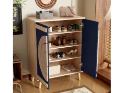 Móvel para sapatos moderno 76x37x98,5 cm - con 2 portas - Armazenamento multi-níveis - Pés de madeira - Azul e natural