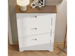 Móvel para sapatos moderno 87x26x120 cm - 3 portas basculantes - puxadores redondos de madeira - MDF - branco