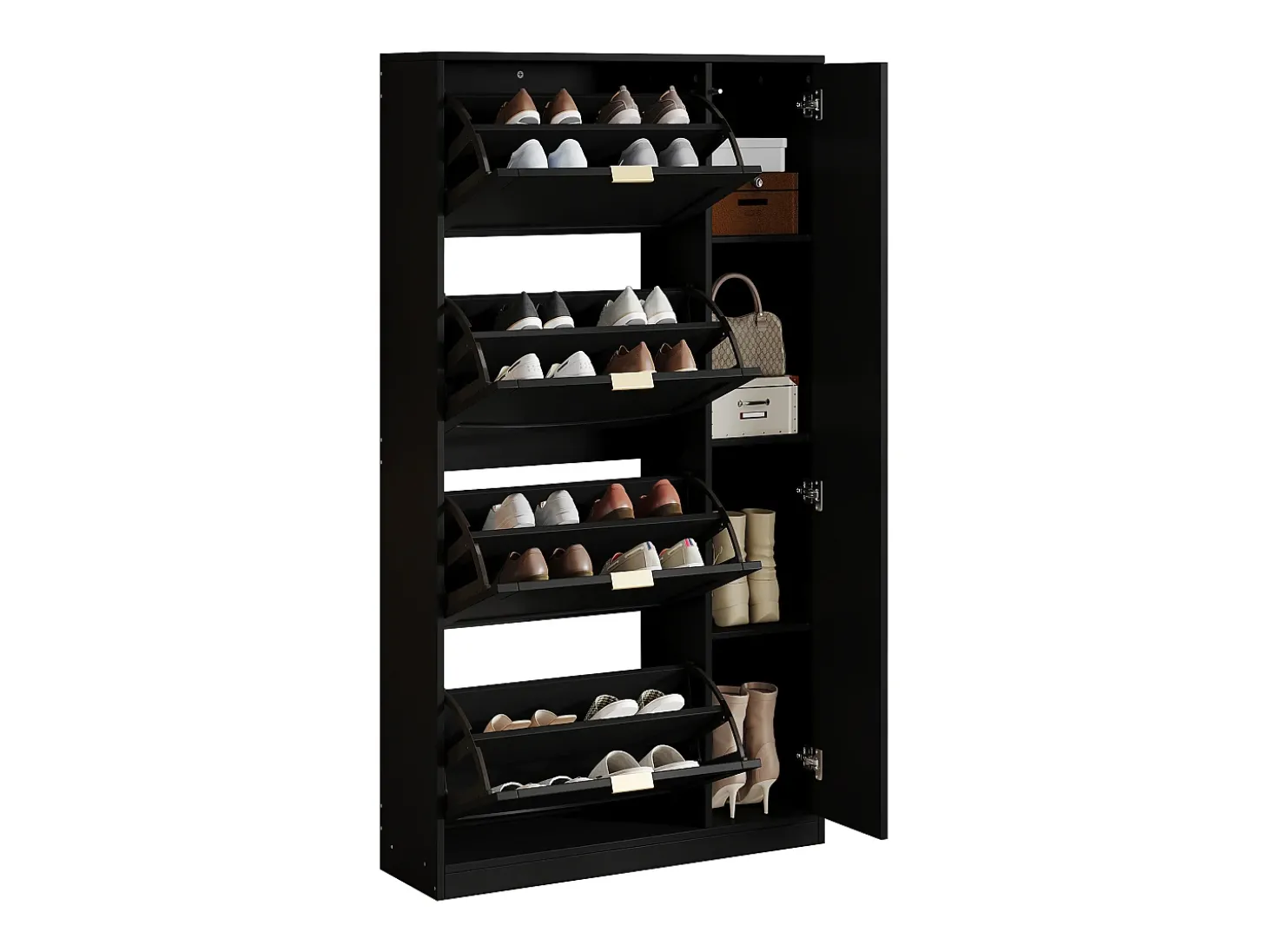 Móvel para sapatos moderno - con espelho + 4 compartimentos basculantes - Preto