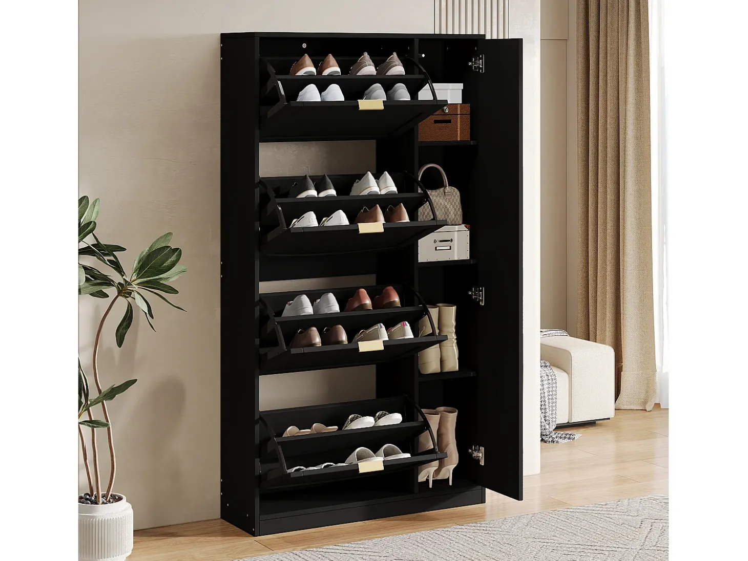 Móvel para sapatos moderno - con espelho + 4 compartimentos basculantes - Preto