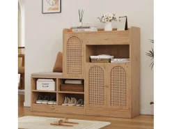 Móvel para sapatos multifuncional 142x35x110cm - con um assento acolchoado - con 3 portas de rattan e 1 gaveta - Natural