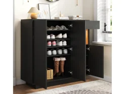 Móvel para sapatos 105x39.5x100.5 cm - 1 gaveta e 3 portas - com iluminação LED - com prateleiras ajustáveis - Preto e natural
