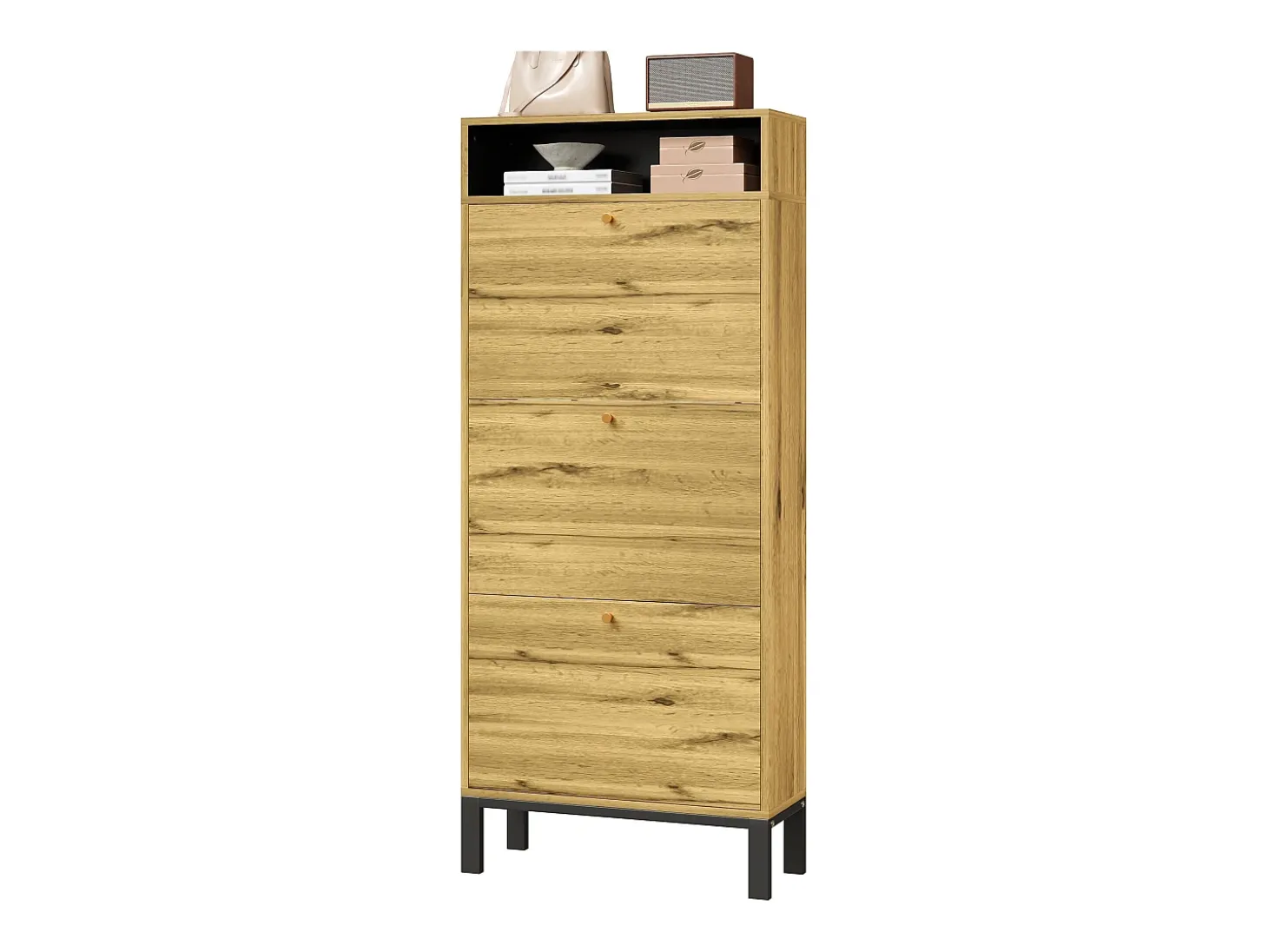 Móvel para sapatos 63x24x147 cm - 3 portas e várias prateleiras - acabamento madeira - MDF - natural