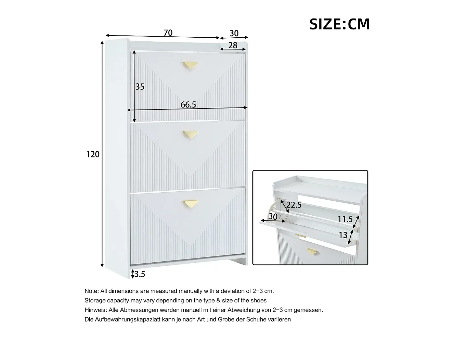 Móvel para sapatos 70x30x120 cm - 3 portas basculantes - 6 compartimentos de armazenamento - MDF - Branco