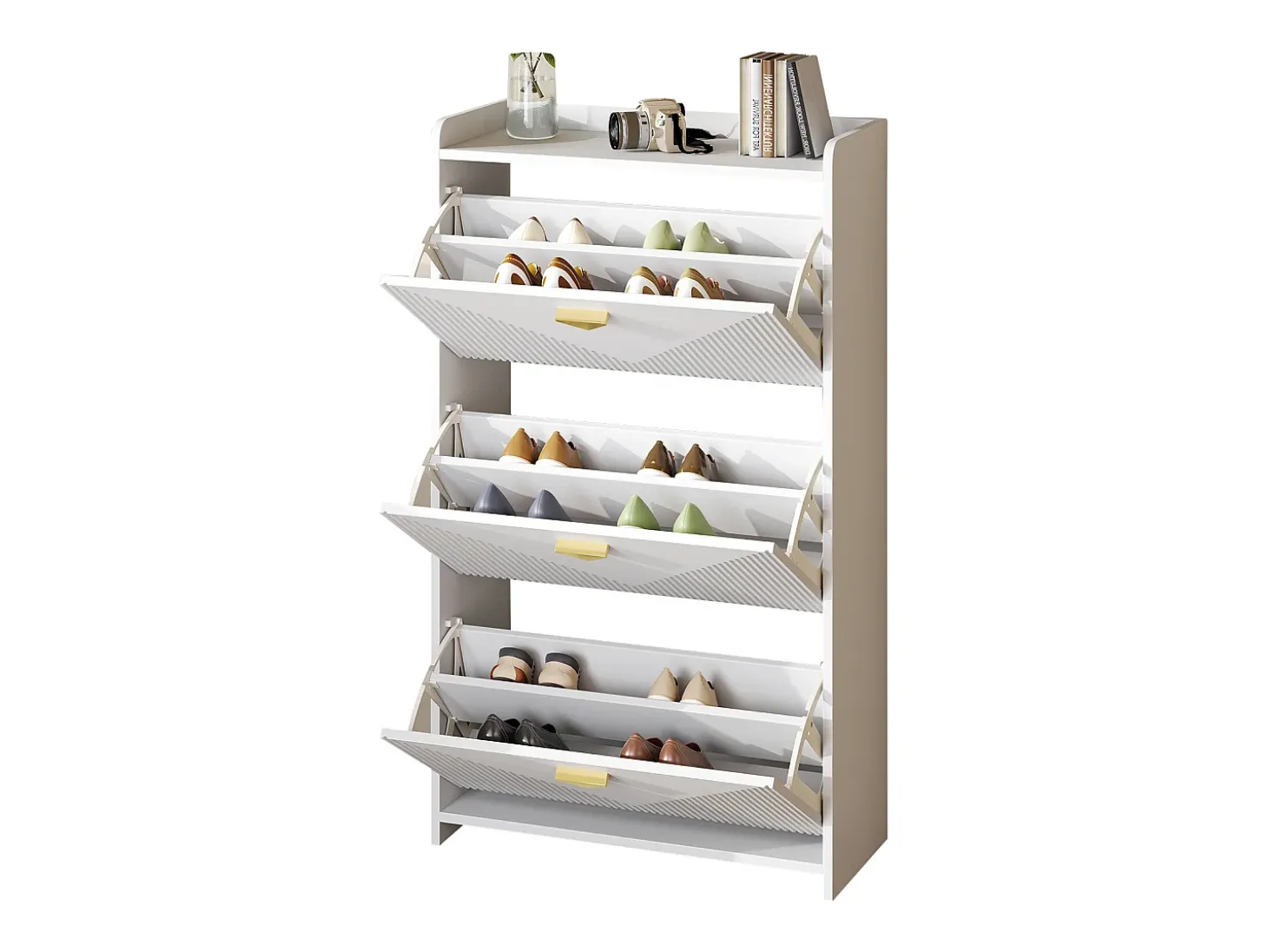 Móvel para sapatos 70x30x120 cm - 3 portas basculantes - 6 compartimentos de armazenamento - MDF - Branco