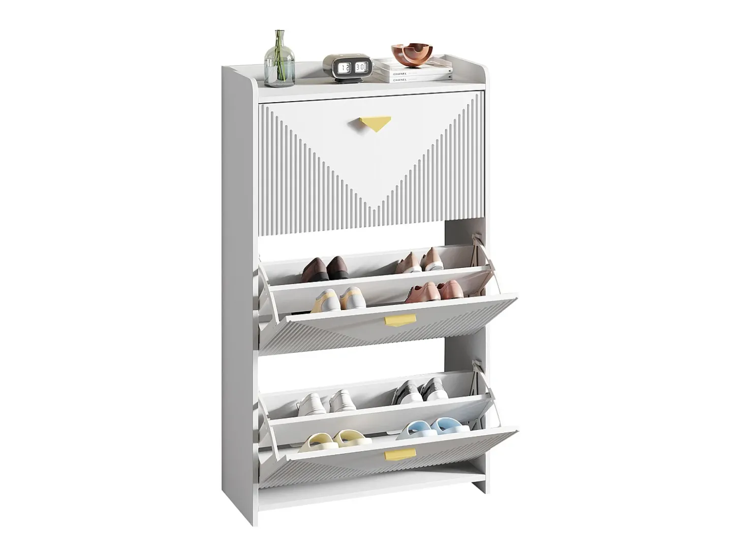 Móvel para sapatos 70x30x120 cm - 3 portas basculantes - 6 compartimentos de armazenamento - MDF - Branco