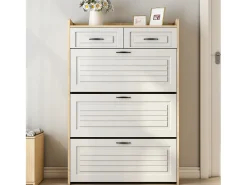 Móvel para sapatos 80x23.5x125 cm - com três grandes frontais basculantes - com 2 gavetas - branco + natural