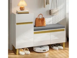 Móvel para sapatos 120x35x85 cm - 1 gaveta e 3 portas - com banco de sapatos acolchoado - Branco