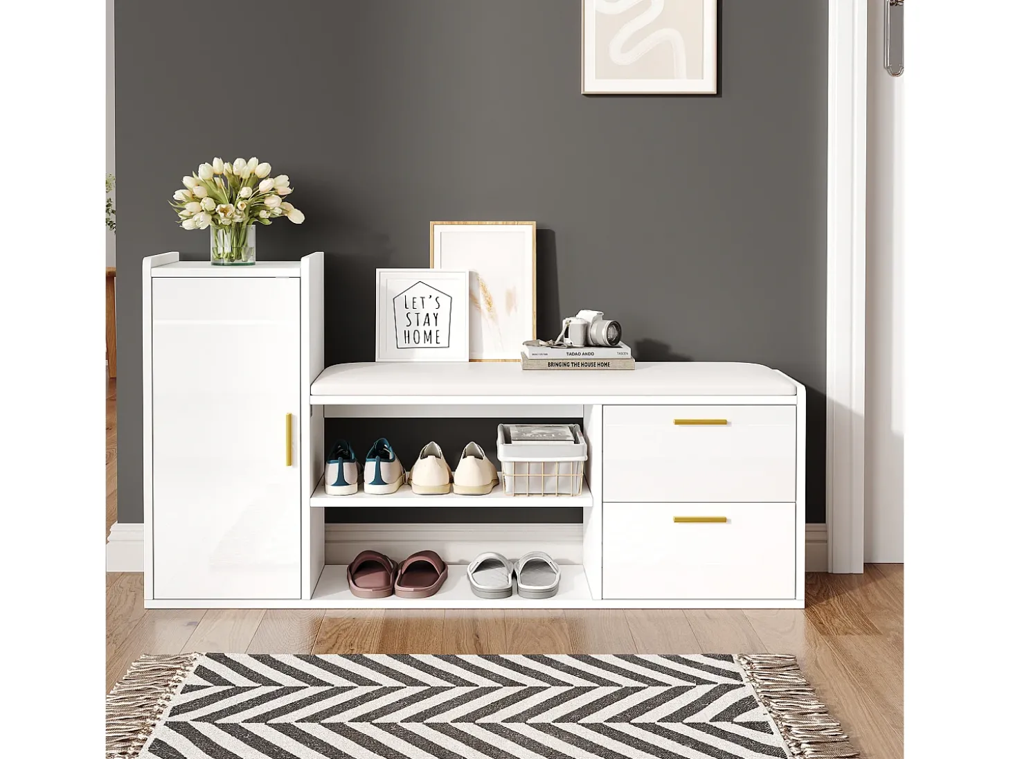 Móvel para sapatos 128x30x68 cm - com 2 gavetas e 1 porta - com banco para calçado - Acabamento brilhante - Branco