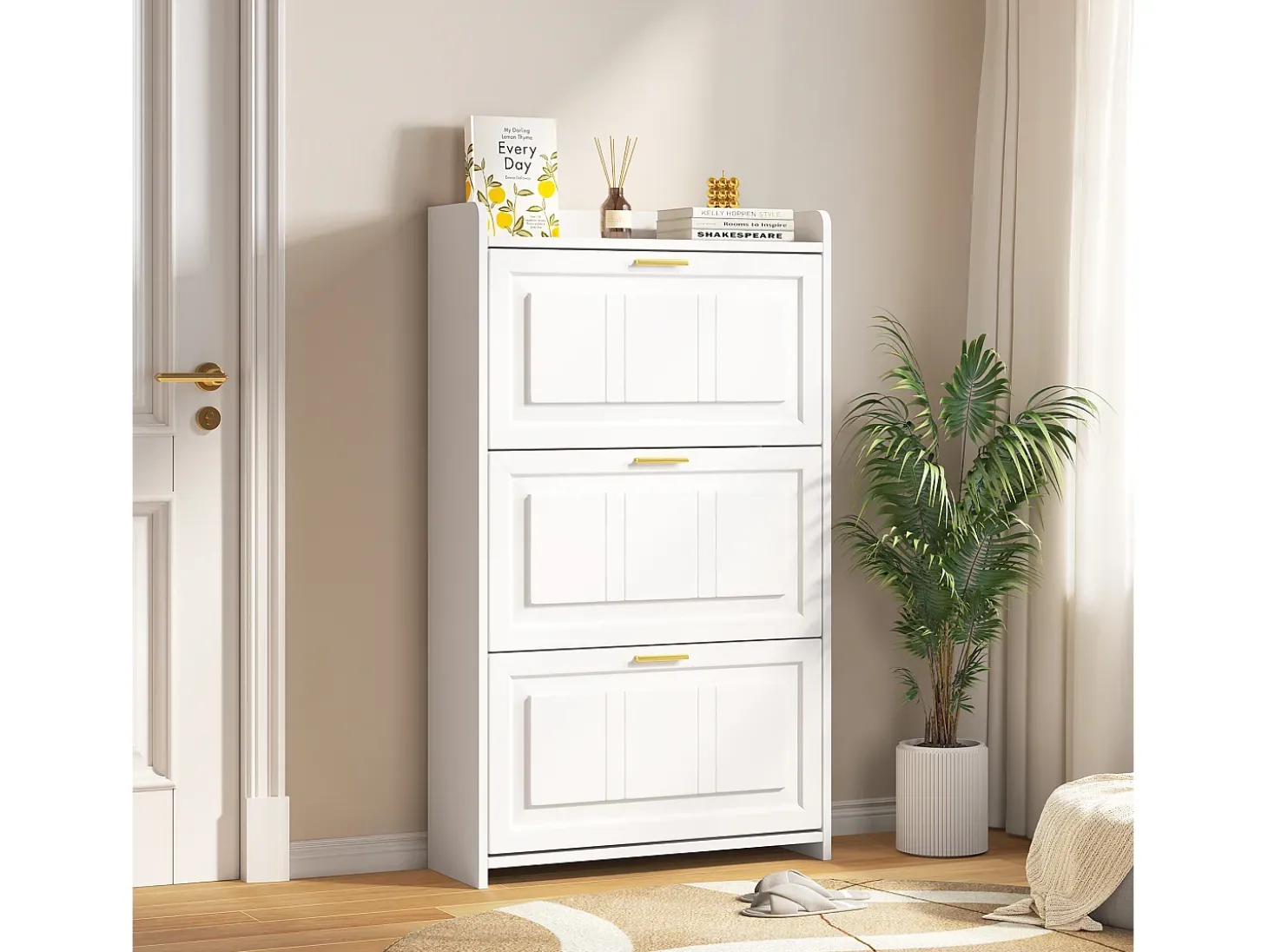 Móvel para sapatos 70x24x120 cm - 3 portas basculantes - 6 compartimentos - MDF e painéis de partículas - Branco