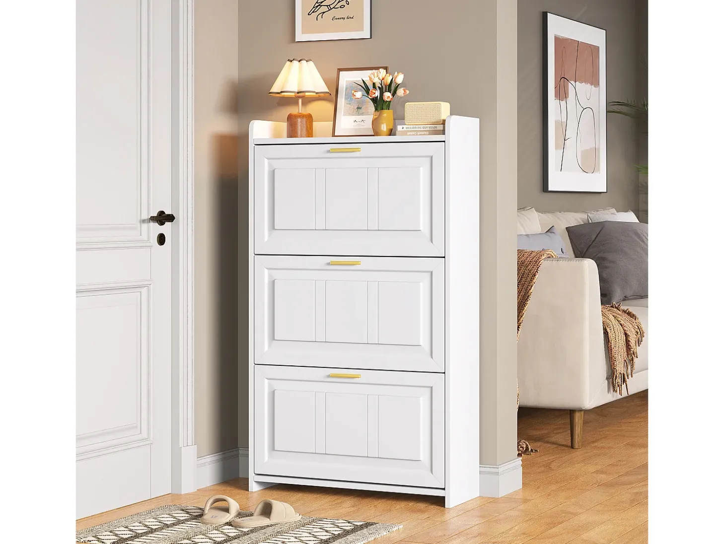 Móvel para sapatos 70x24x120 cm - 3 portas basculantes - 6 compartimentos - MDF e painéis de partículas - Branco