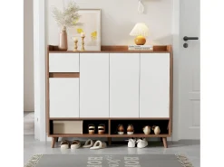 Móvel para sapatos 120x35x90cm - con 4 portas e 1 gaveta - prateleira ajustável - Natural + Branco