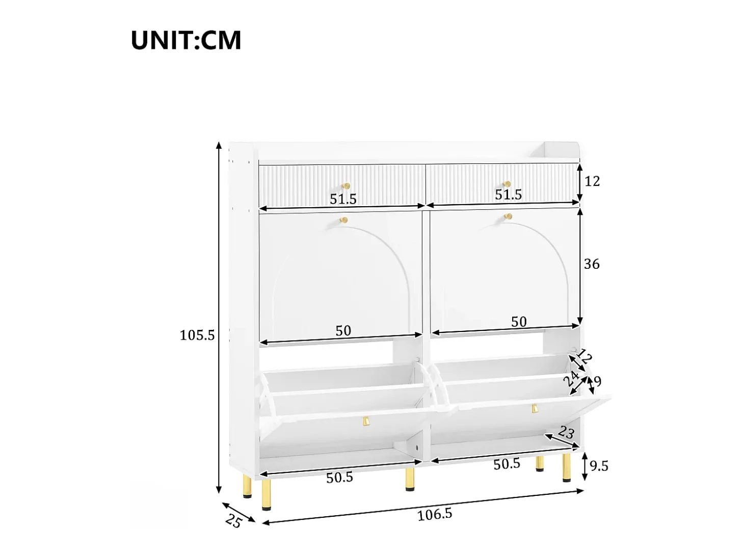 Móvel para sapatos 106.5x25x105.5cm - con 4 portas basculantes e 2 gavetas - branco
