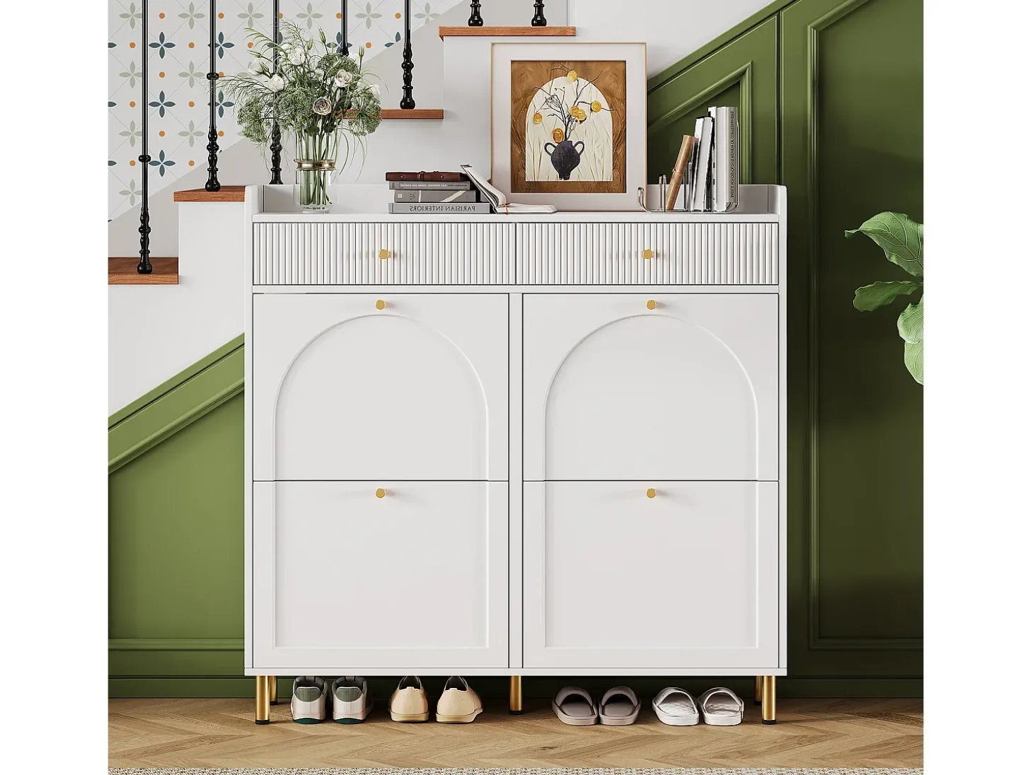 Móvel para sapatos 106.5x25x105.5cm - con 4 portas basculantes e 2 gavetas - branco