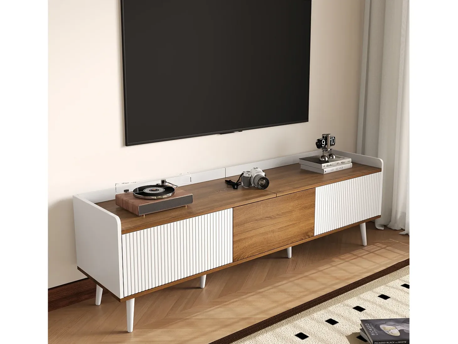 Móvel para TV 160×39×49,5 cm - 3 portas - Acabamento madeirado - MDF + Painel de partículas - Branco + Natural