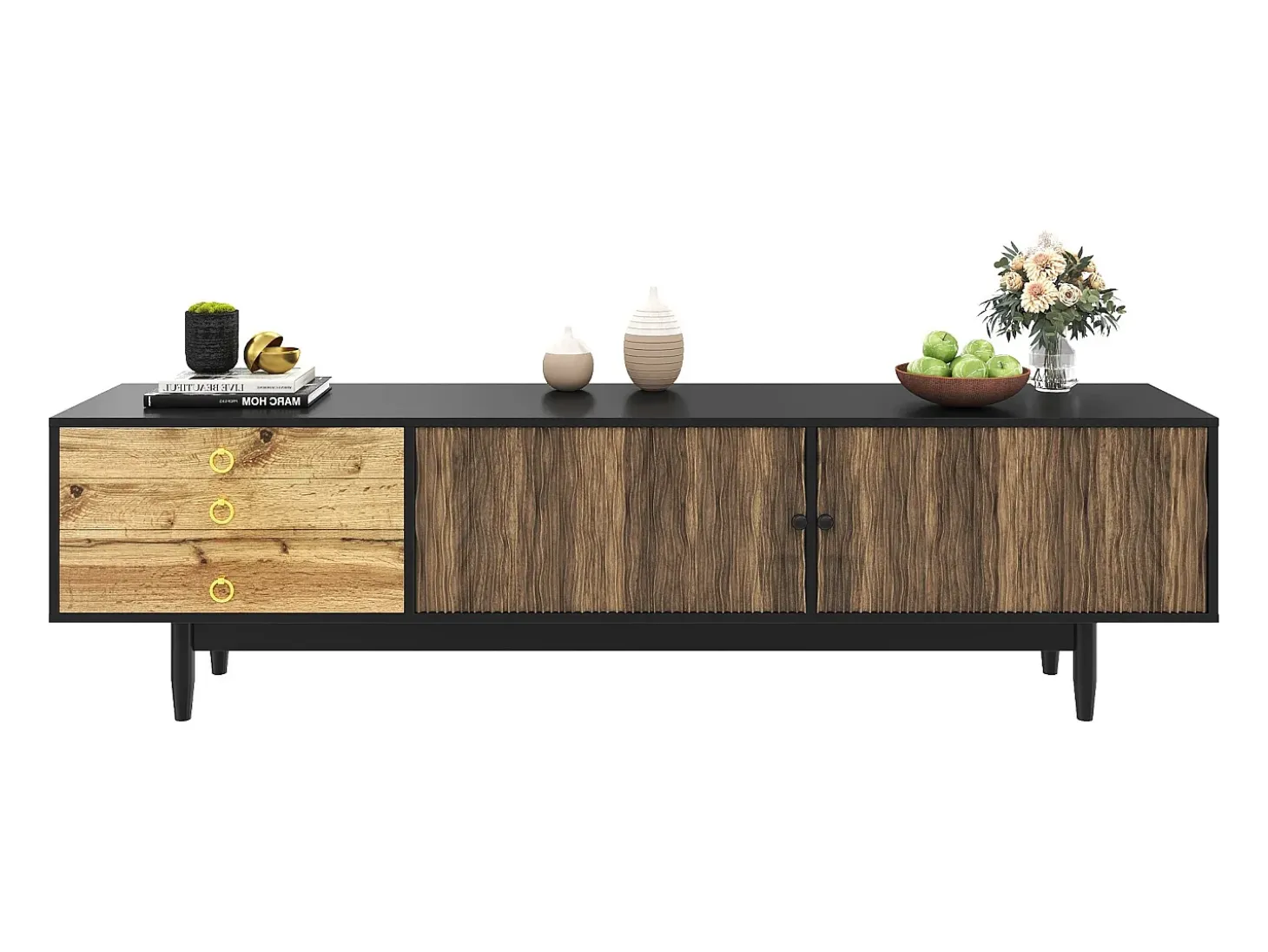 Móvel para TV 180×38×50 cm - 2 portas e 3 gavetas - MDF + painel de partículas - Preto + Natural