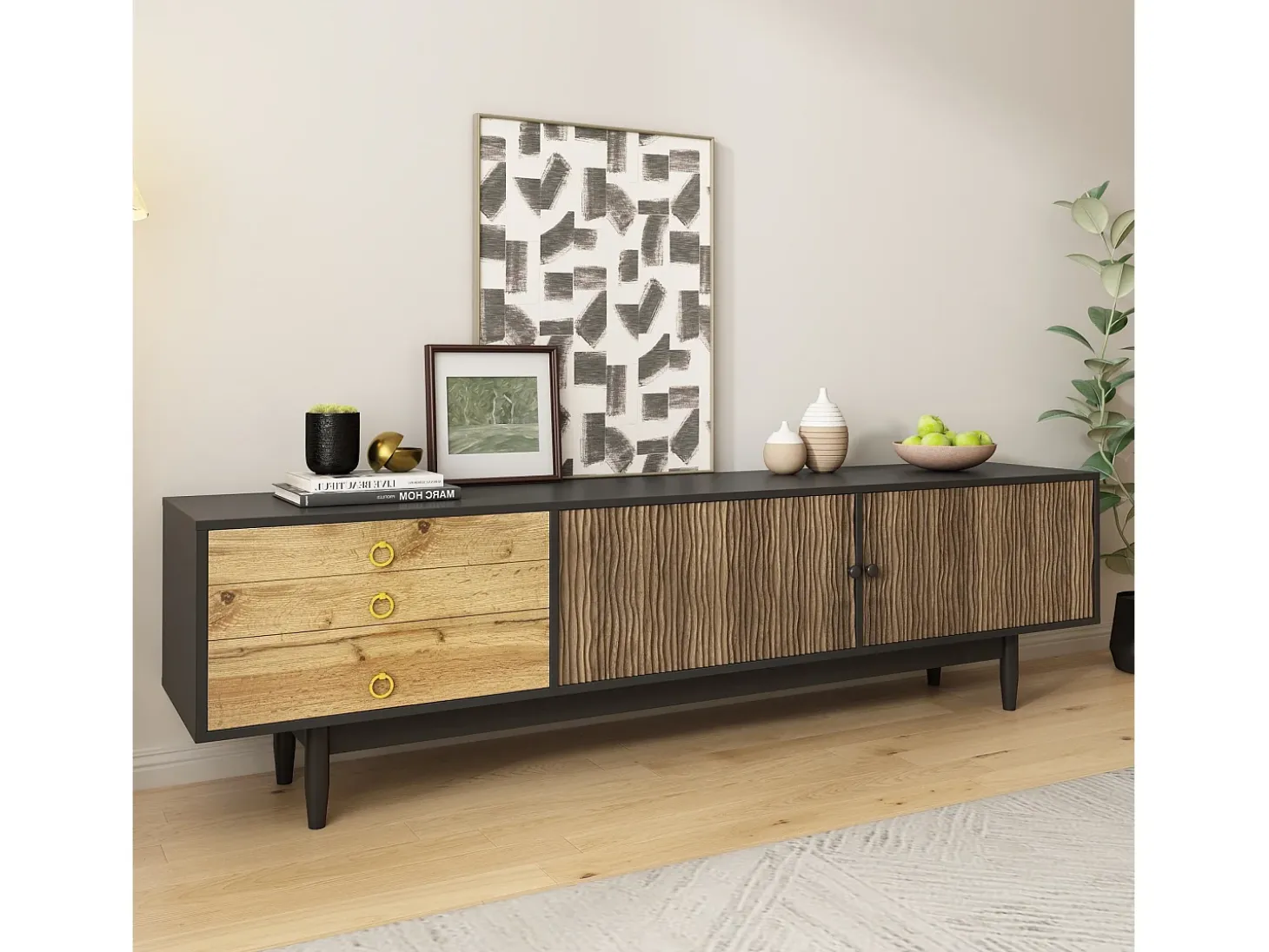 Móvel para TV 180×38×50 cm - 2 portas e 3 gavetas - MDF + painel de partículas - Preto + Natural