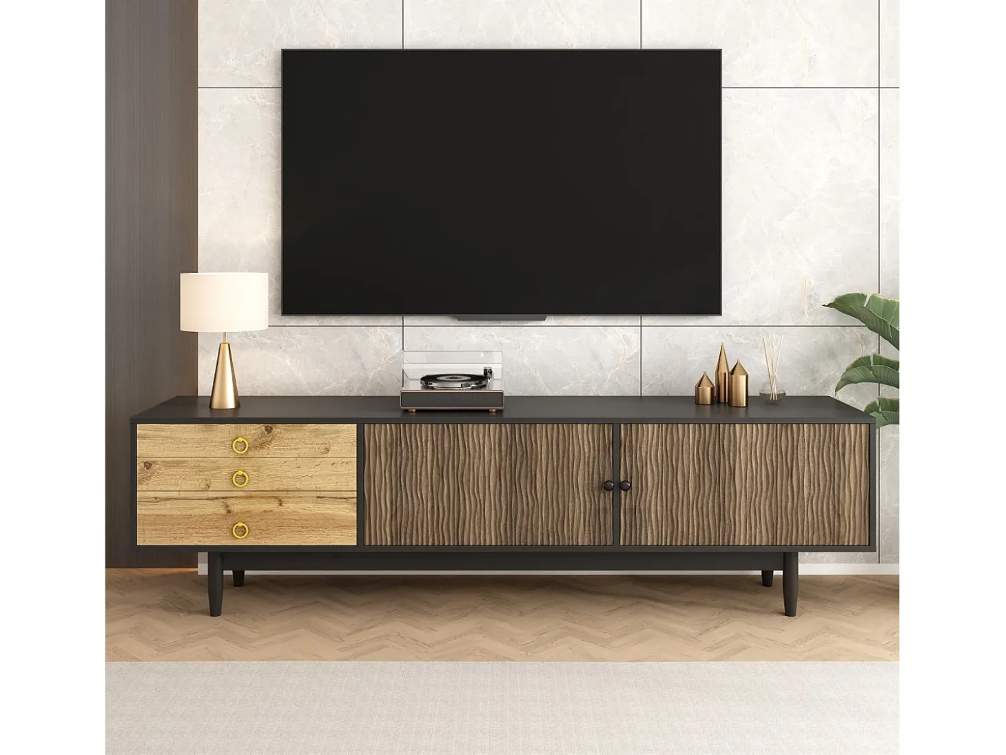 Móvel para TV 180×38×50 cm - 2 portas e 3 gavetas - MDF + painel de partículas - Preto + Natural