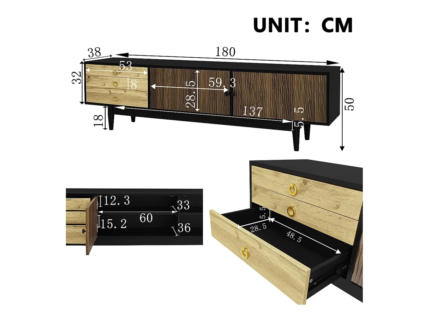 Móvel para TV 180×38×50 cm - 2 portas e 3 gavetas - MDF + painel de partículas - Preto + Natural