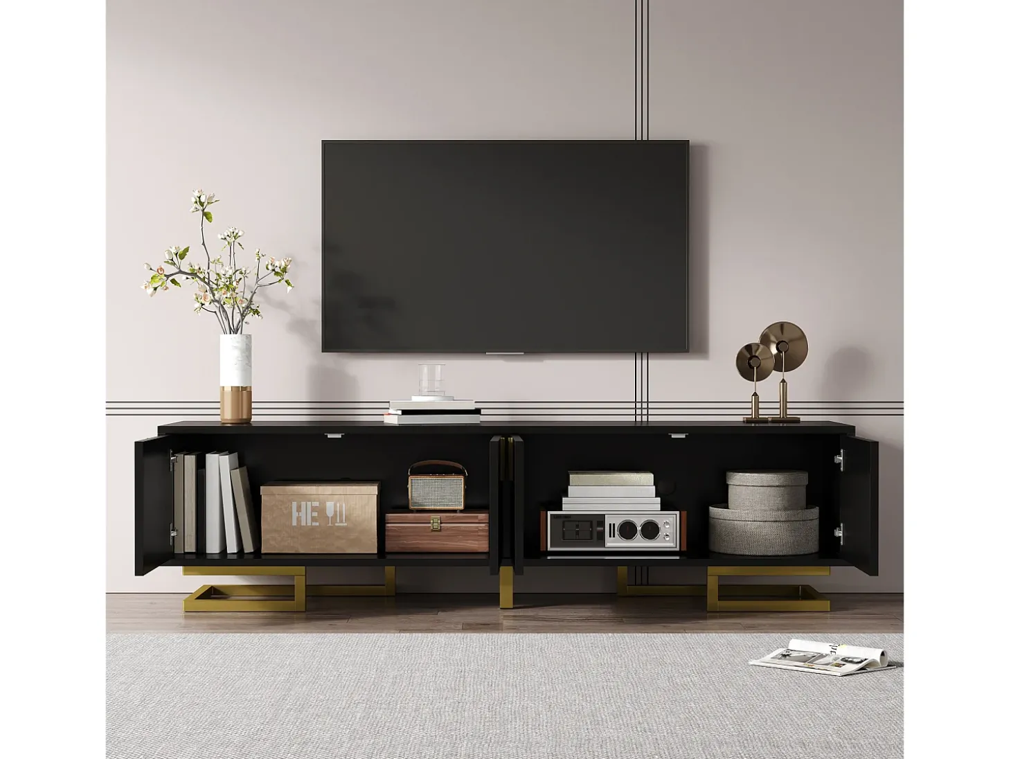 Móvel para TV 160×38×44,5 cm - 4 portas - Puxadores e pés dourados - Painel de partículas - preto