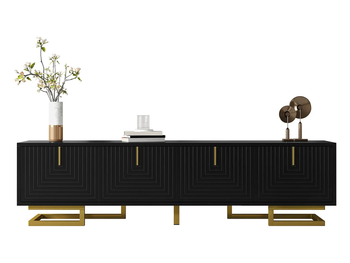 Móvel para TV 160×38×44,5 cm - 4 portas - Puxadores e pés dourados - Painel de partículas - preto