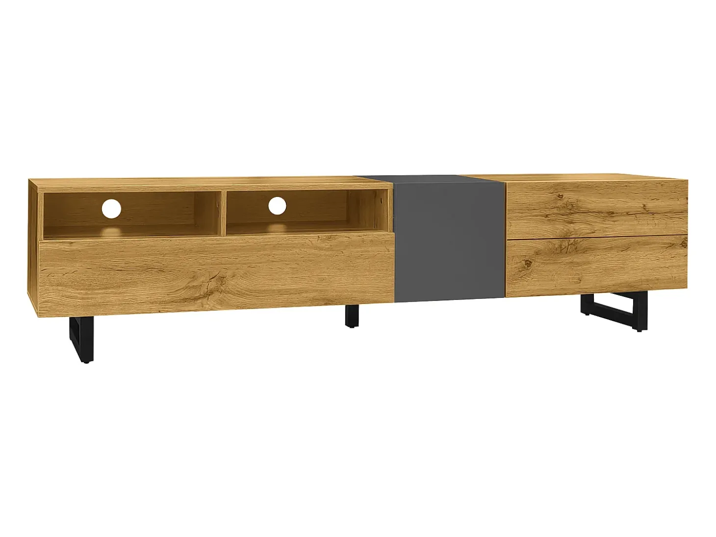 Móvel para TV 170×36,5×42 cm - 3 portas - 2 compartimentos de armazenamento - Pés em metal em U - Acabamento madeirado - Natural