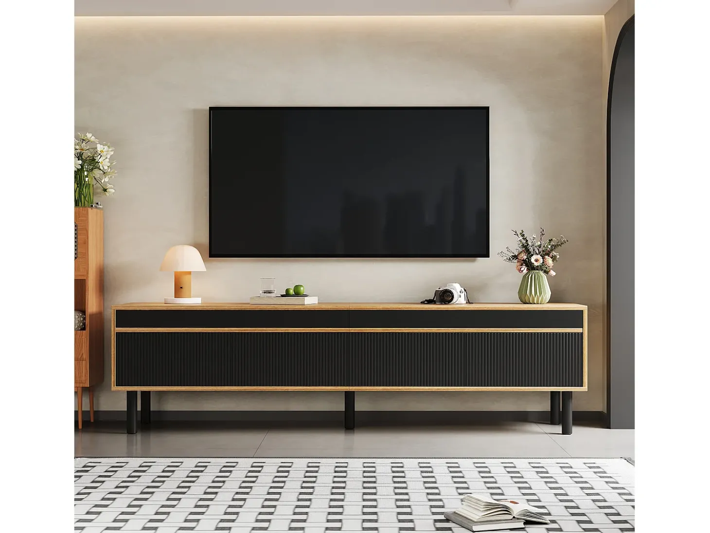 Móvel para TV 170×38×47,7 cm - 3 portas - MDF + painel de partículas - natural + preto