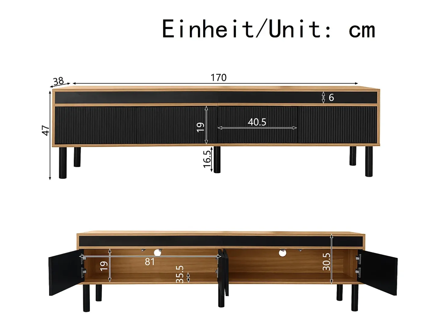 Móvel para TV 170×38×47,7 cm - 3 portas - MDF + painel de partículas - natural + preto
