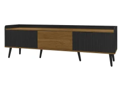 Móvel para TV 160×39×49,5 cm - com 3 portas - acabamento madeirado - pés de madeira maciça - MDF + painel de partículas - preto e natural