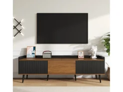 Móvel para TV 160×39×49,5 cm - com 3 portas - acabamento madeirado - pés de madeira maciça - MDF + painel de partículas - preto e natural