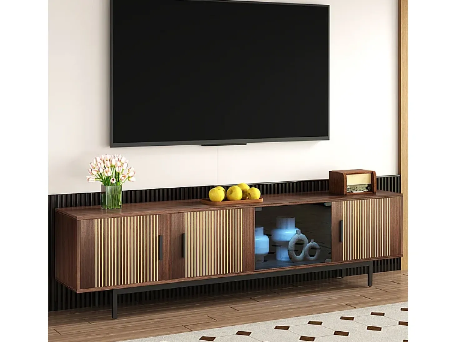 Móvel para TV 200 cm - com LED e porta de vidro - MDF e painel de partículas - Natural