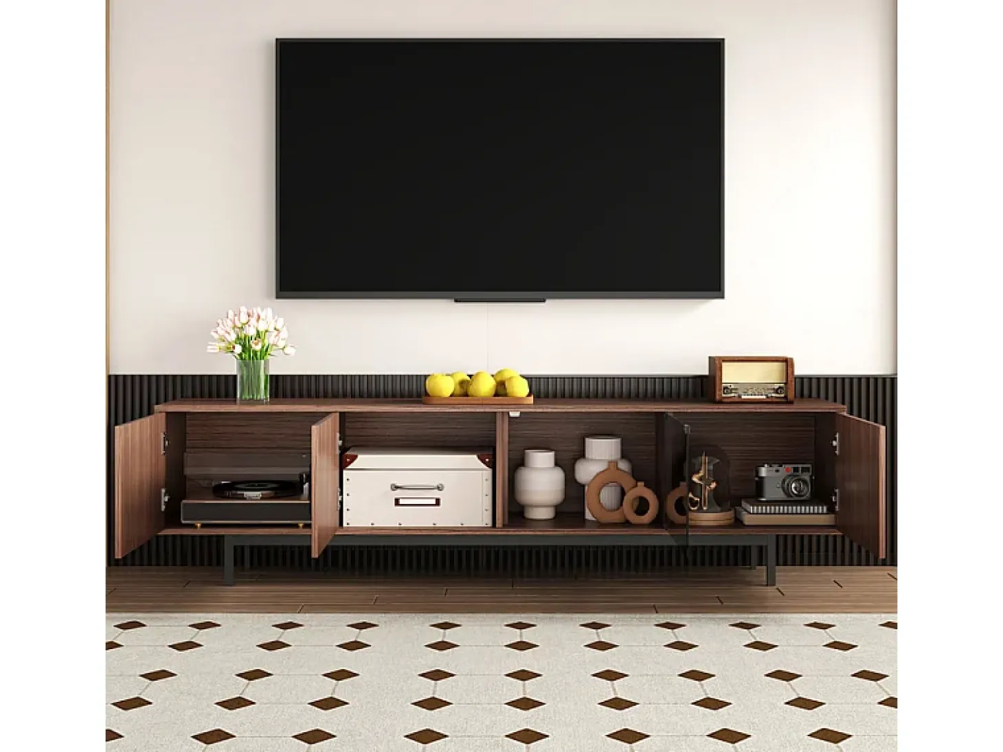 Móvel para TV 200 cm - com LED e porta de vidro - MDF e painel de partículas - Natural