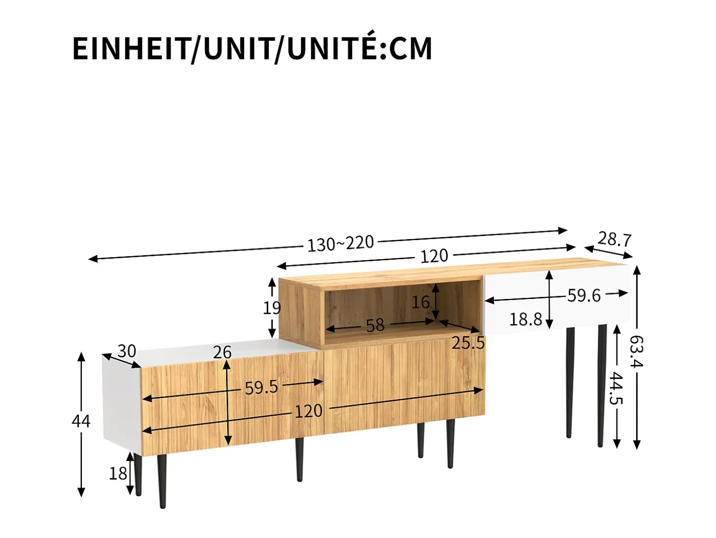 Móvel para TV 220×30×63,4 cm - design em dois módulos - acabamento madeirado - branco + natural
