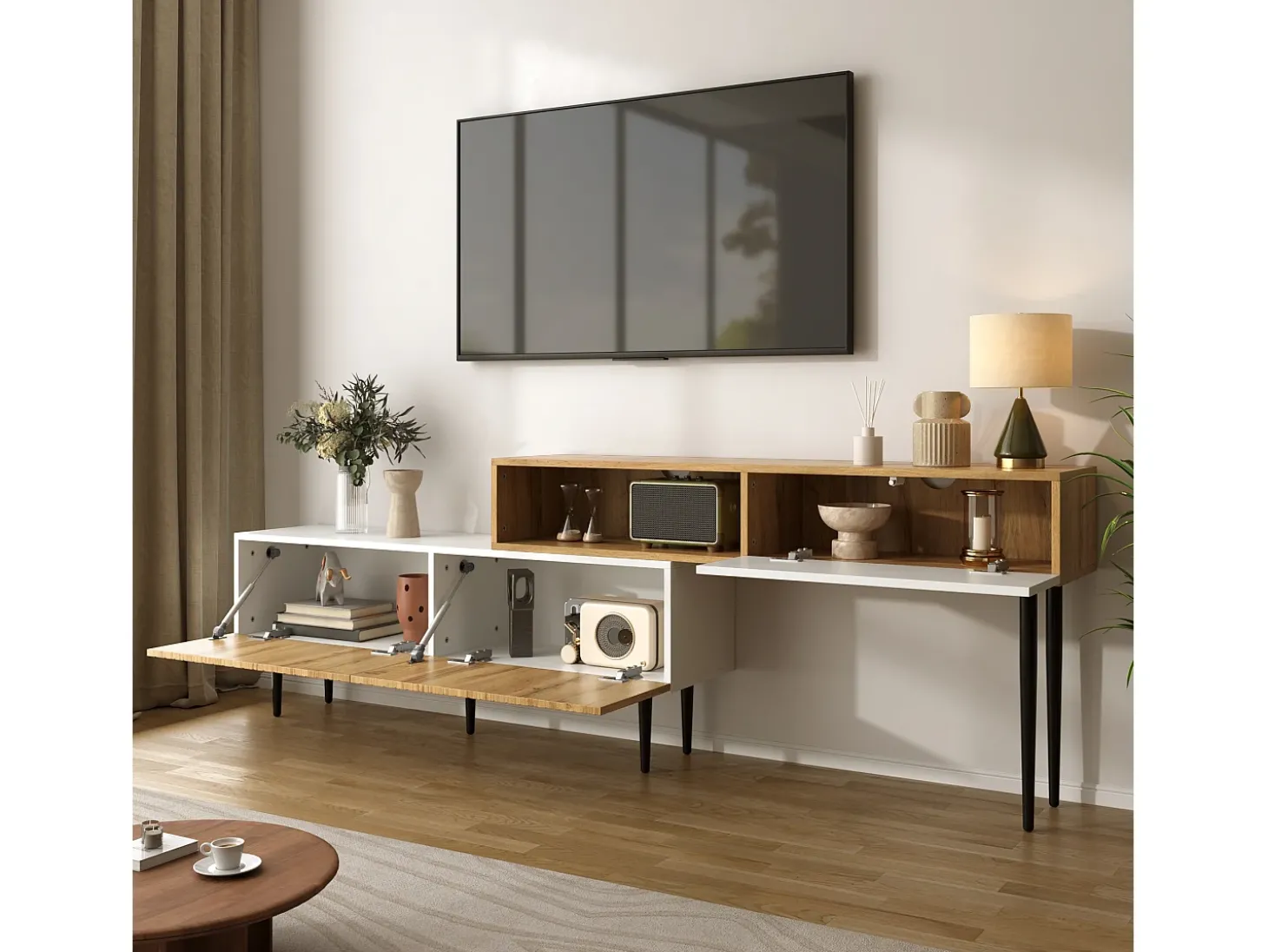 Móvel para TV 220×30×63,4 cm - design em dois módulos - acabamento madeirado - branco + natural